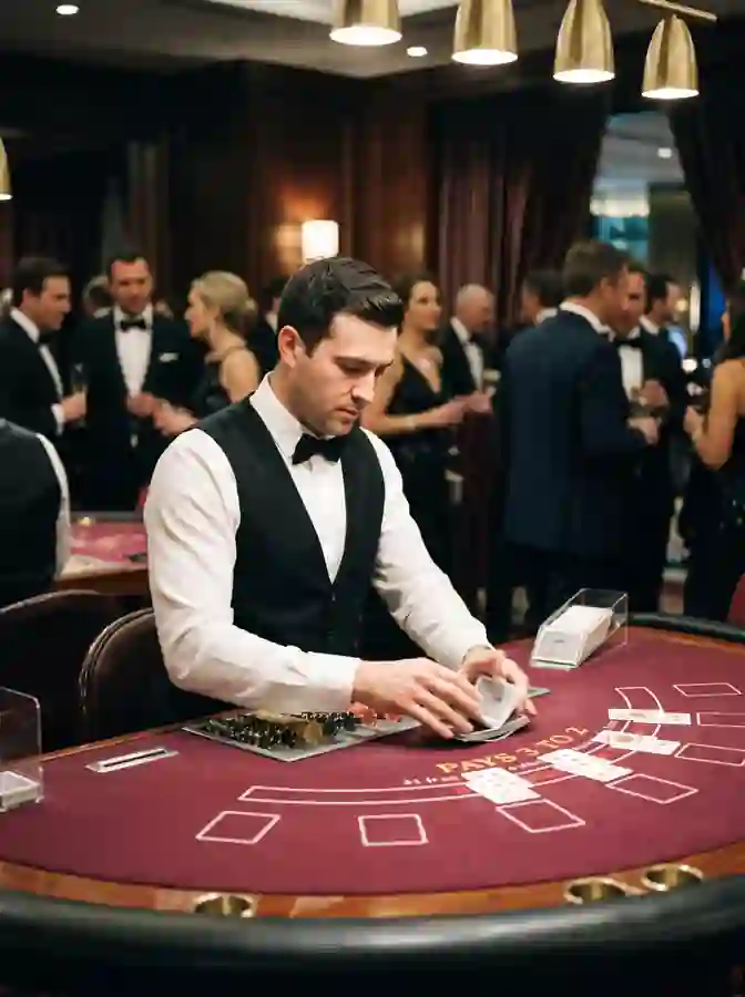 Krupierzy w strojach wieczorowych przy stole blackjacka